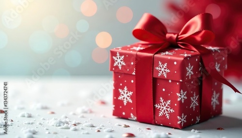 Intricate red gift box pattern, snowflake accents, style, vector, scarlet