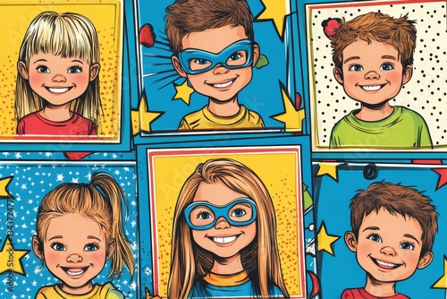 Comic Photo frame for group photos of children in pop art style. A photo album for a class or community.  Template for the design of frames for Kindergarten, photographs, posters