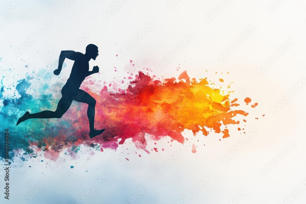 Naklejka premium Dynamic and Inspiring Image of a Man Running in the Air with Joyful Expression and Energetic Movement Against a Vibrant Blue Sky Background