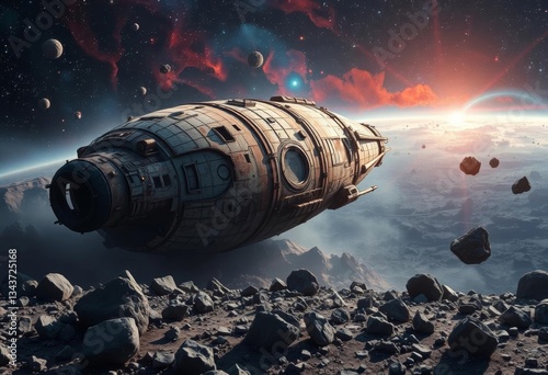 Rusting spacecraft hull amidst asteroid field debris, distant nebula, exploration, deserted