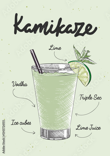 Advertising recipe poster with alcoholic drink and ingredients, Kamikaze cocktail, beverage with lettering, wall decoration, prints, menu design.