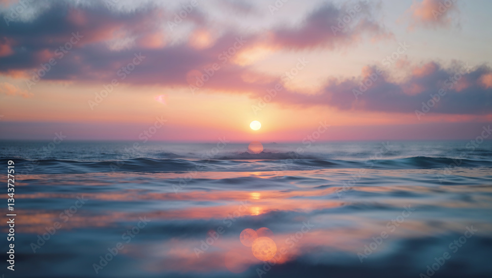 Obraz premium Sun shining over calm ocean waves at sunset with pink and purple clouds