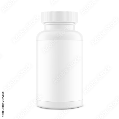 Plastic packer pill bottle mockup with child resistant cap and label for treats, vitamins, supplements. Vector illustration isolated on white background. Mockup is ideal for health projects. EPS10.