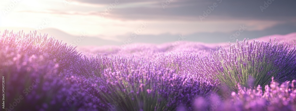 Obraz premium Experience the calming beauty of lavender fields bathed in golden sunlight during a serene late afternoon in Provence, France, where nature offers a moment of tranquility and peace