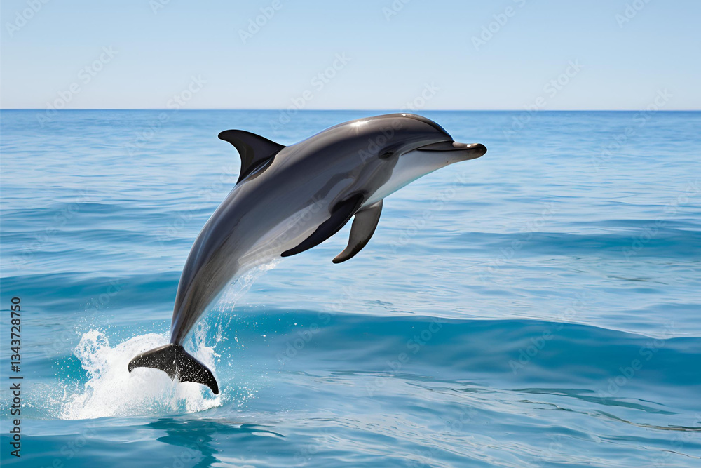Fototapeta premium Playful Dolphins Jumping Above Ocean Waves at Sunset