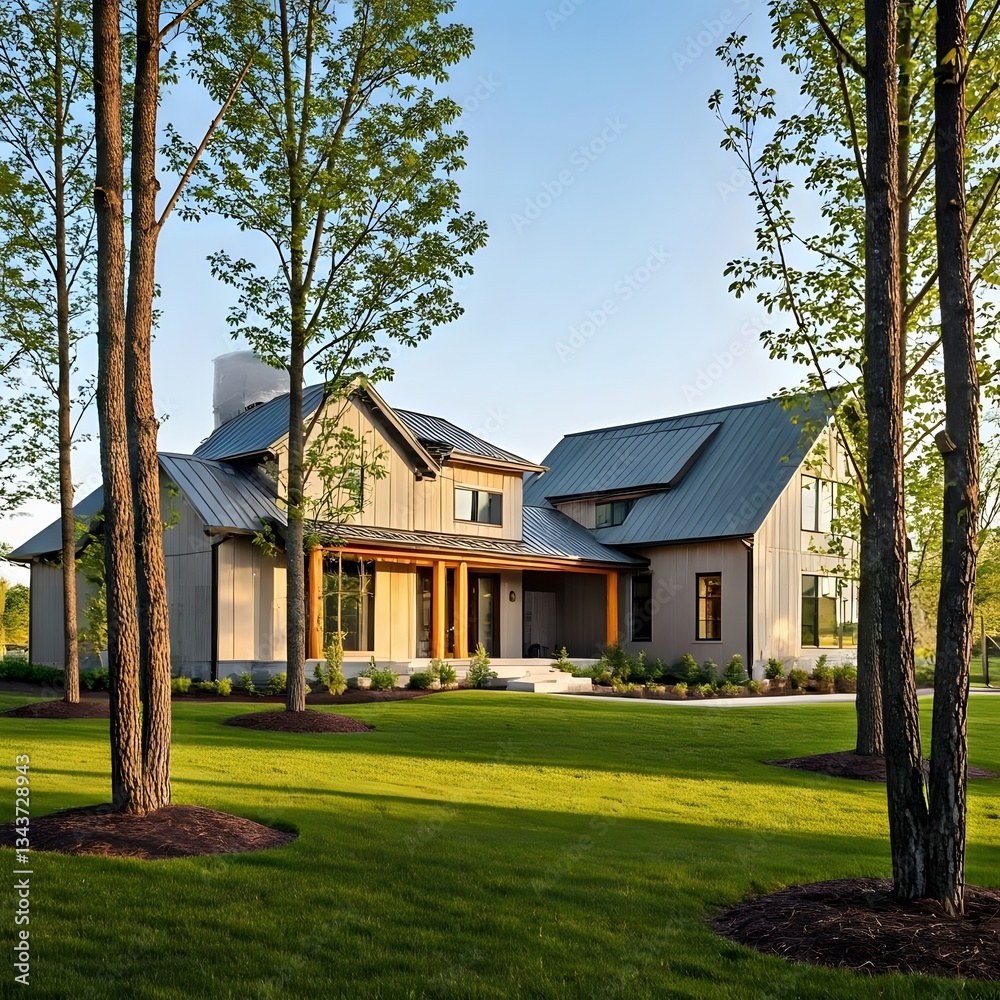 Obraz premium A contemporary house with a flat roof and large windows, set against a sprawling lawn with carefully sculpted hedges, bushes, and a water feature, AI Generated