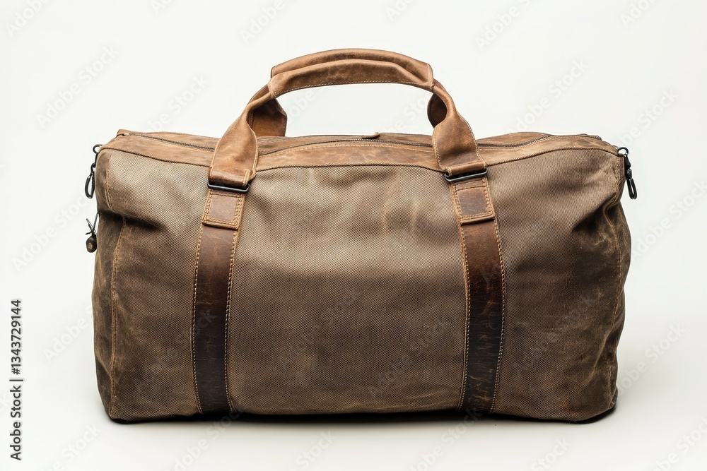 Naklejka premium A brown and leather travel duffel bag displayed against white backdrop