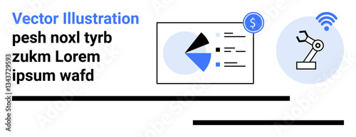 Pie chart and financial analysis graph paired with robotic arm icon and wireless signal. Ideal for technology, automation, data visualization, industry 4.0, finance, innovation, simple landing page