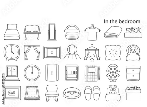 Illustration of various bedroom items including a bed, clock, window, and decorative objects.Illustration of various bedroom items including a bed, clock, window, and decorative objects.
