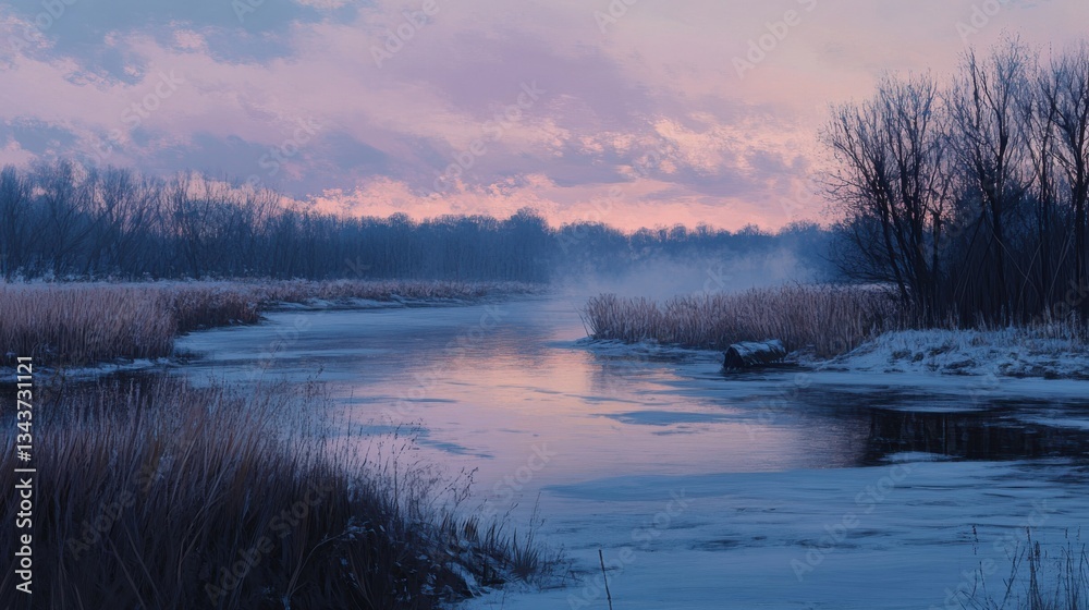 Fototapeta premium Serene Frozen River Landscape at Sunset with Mist and Trees