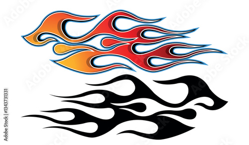 Tribal fire flame race car body side vinyl sticker vector eps art image file. Burning tires and flames sport car decal. Side speed decoration for cars, auto, truck, boat, suv, motorcycle.