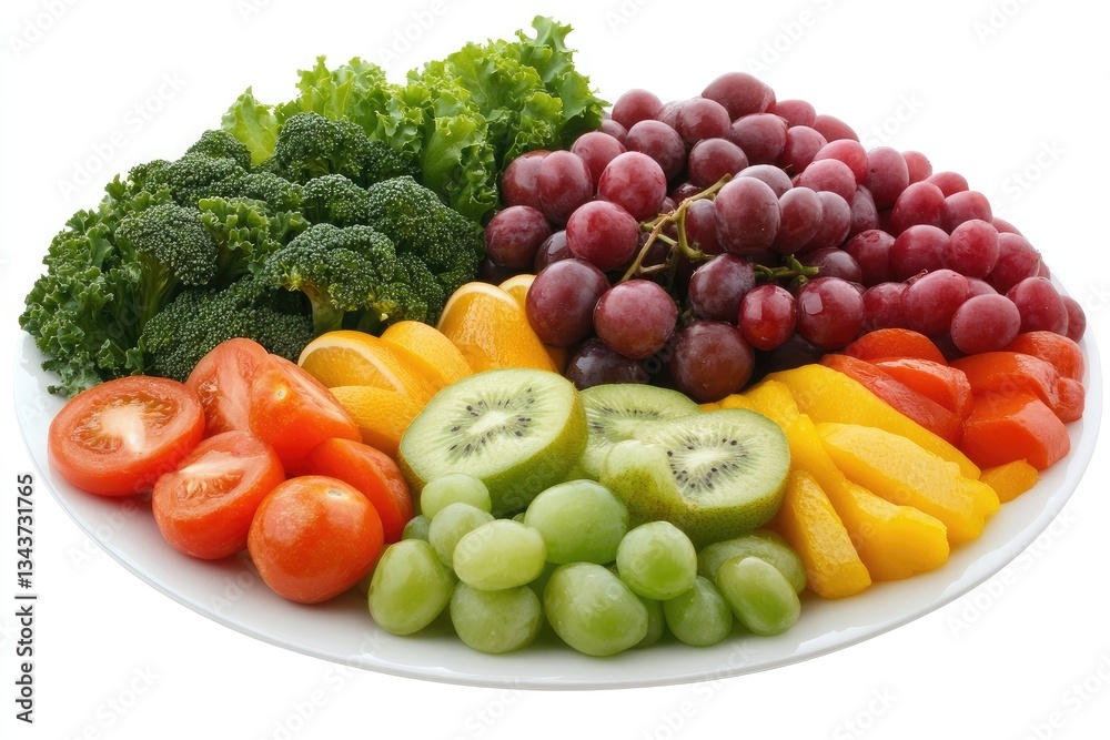 A plate of assorted fruits and vegetables on white A plate of assorted fruits and vegetables on white