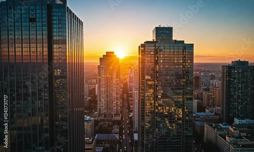  Urban Skyline with Sunset Between Skyscrapers