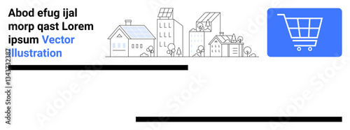 Minimalist urban housing structures with greenery, solar panels, shopping cart icon highlighting sustainable living, modern architecture, and online shopping. Ideal for smart city, eco-commerce, real