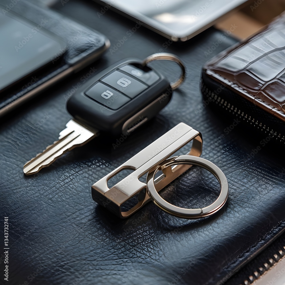 Minimalist Metallic Key Chain on Dark Leather with Car Keys and Luxury Wallet
Minimalist Metallic Key Chain on Dark Leather with Car Keys and Luxury Wallet