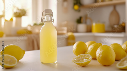 Refreshing bottle of homemade lemonade placed on a blurred white counter with fresh lemons and greenery in the background