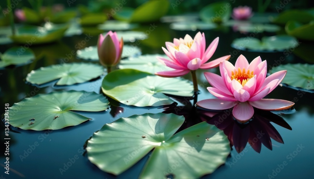 Water lilies form a natural floral pattern on a still lake, pond, asset Water lilies form a natural floral pattern on a still lake, pond, asset