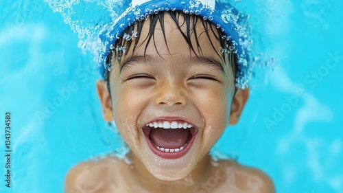 Toddler splashing, summer while swimming in sunlit pool, embodying pure childhood happiness on giggling warm day