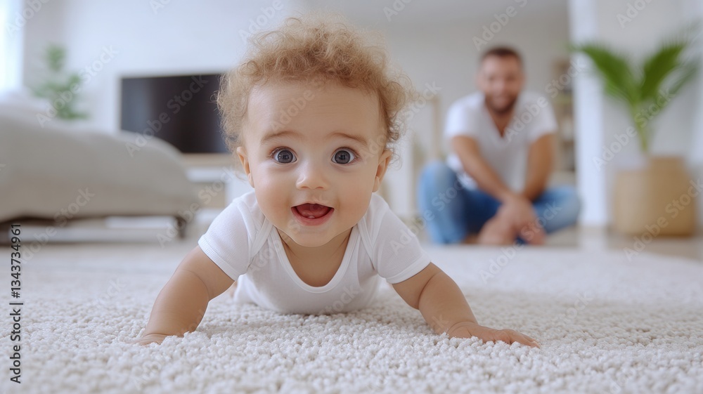 Infant crawling across plush carpet, discovering surroundings with wide father wonder while eyed watches nearby, capturing intimate family interaction Infant crawling across plush carpet, discovering surroundings with wide father wonder while eyed watches nearby, capturing intimate family interaction