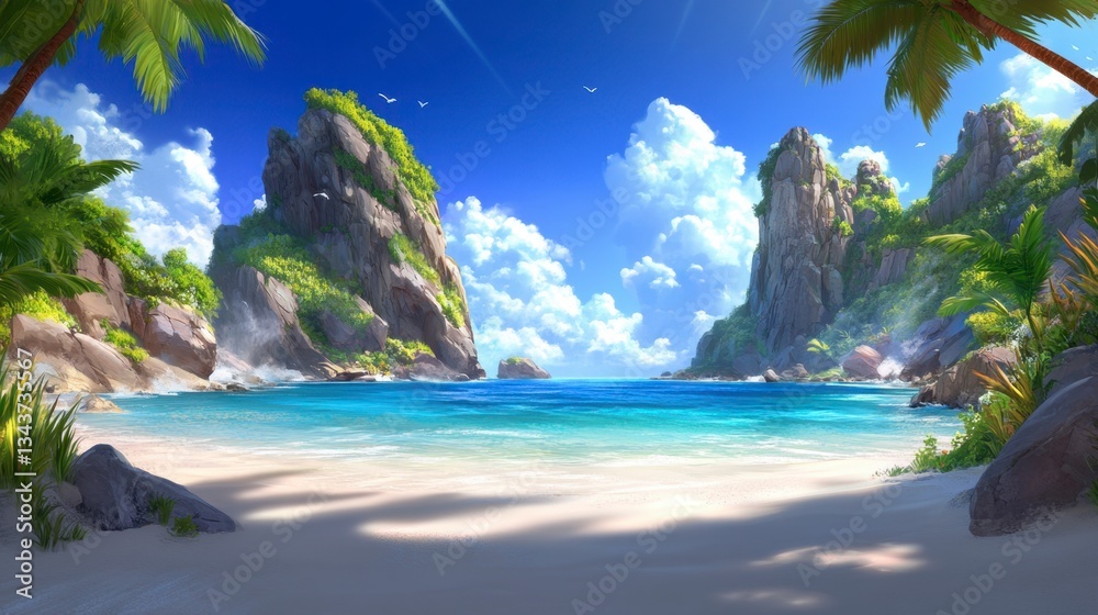 Fototapeta premium Serene tropical beach cove with turquoise water, lush green cliffs, and palm trees under a bright sunny sky. Soft waves lap the sandy shore.