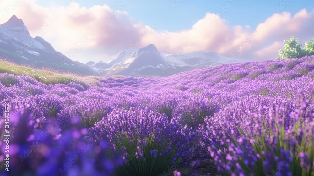 Rows of lavender flowers sway gently in the breeze amidst lush green hills under a bright sky during a warm afternoon Rows of lavender flowers sway gently in the breeze amidst lush green hills under a bright sky during a warm afternoon