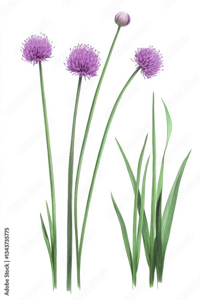 Fototapeta premium Illustration of Allium schoenoprasum showcasing different parts of the plant in detail