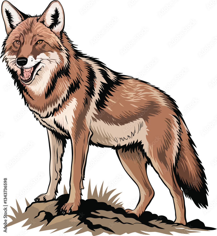 Fototapeta premium Cute cartoon coyote sitting isolated on white background