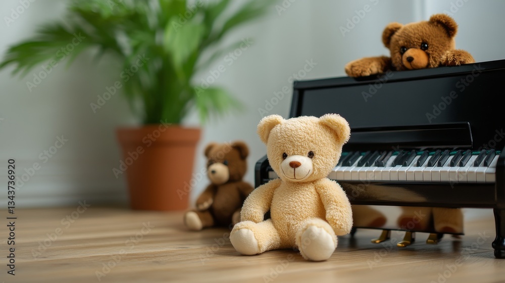 Obraz premium Three Teddy Bears at a Piano A Cozy Playroom Scene, Toy Piano, Teddy Bear, Plush Toy, Musical Instrument Teddy Bear, Piano