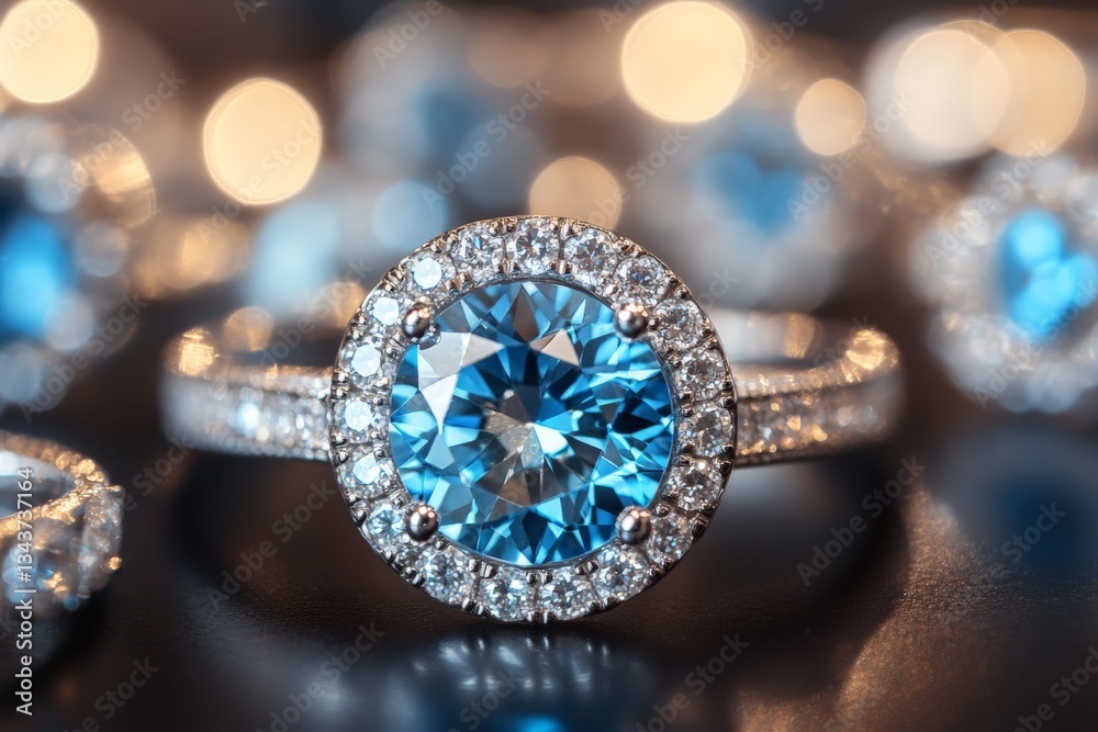 Sparkling blue gemstone ring displayed among other shining jewelry pieces in a subtle light setting