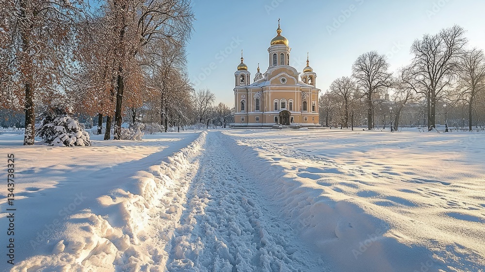 Snow-covered pathway leading to a golden-domed church in winter landscape Snow-covered pathway leading to a golden-domed church in winter landscape