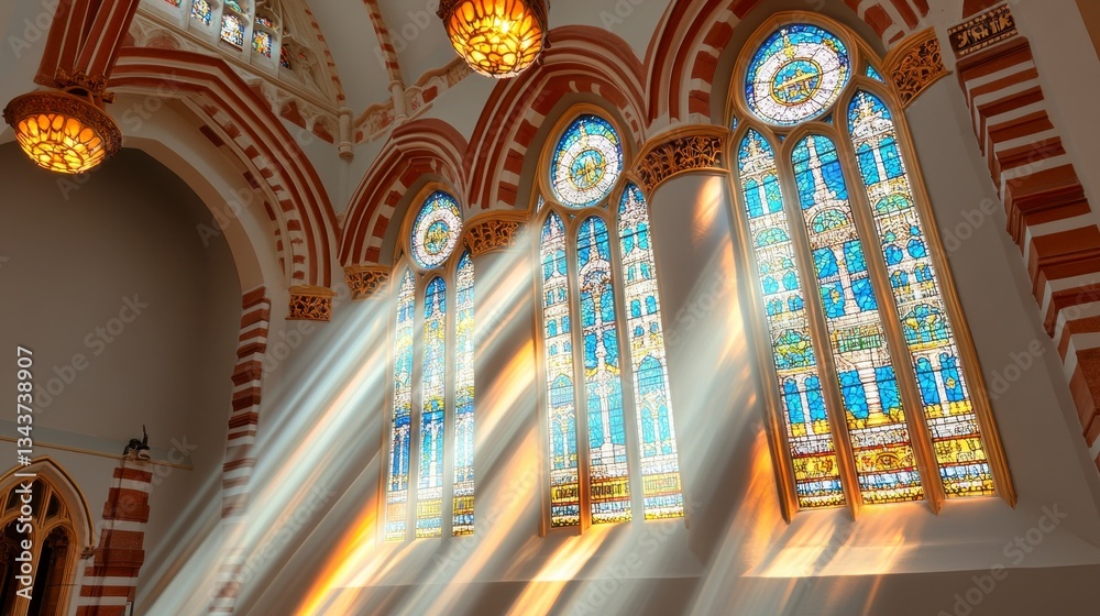 Obraz premium Sunbeams stream through vibrant stained glass windows in a grand cathedral interior, illuminating the red brick walls and ornate gold chandeliers. The light creates a warm, spiritual atmosphere.