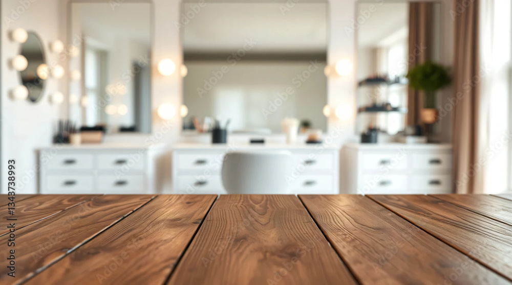 Empty wooden table top with blur background of makeup room