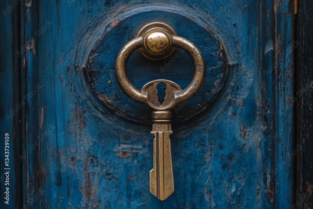 Fototapeta premium Detailed view of an antique key hanging from a round door knocker on a weathered blue wooden door