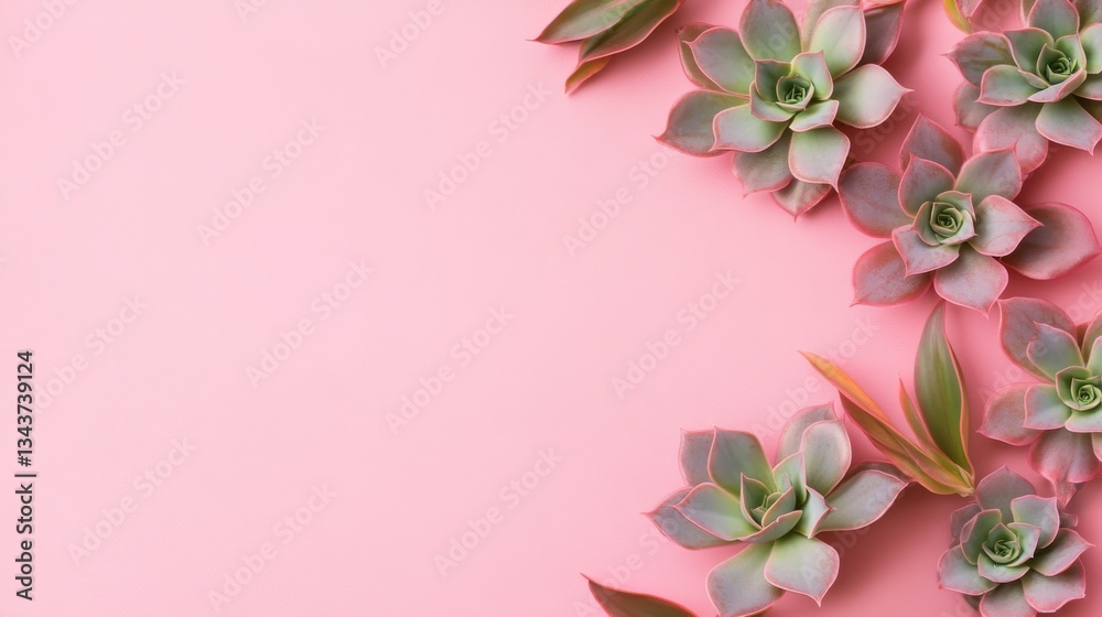 Fototapeta premium Pink Background Echeveria Succulent Flatlay,Floral Design,Plant Composition,Pink Aesthetic Succulents, Flatlay