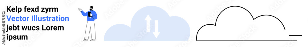 Person gesturing toward cloud with up and down arrows representing data transfer, large outline cloud. Ideal for technology, cloud storage, data flow, communication, innovation, tech support, simple Person gesturing toward cloud with up and down arrows representing data transfer, large outline cloud. Ideal for technology, cloud storage, data flow, communication, innovation, tech support, simple