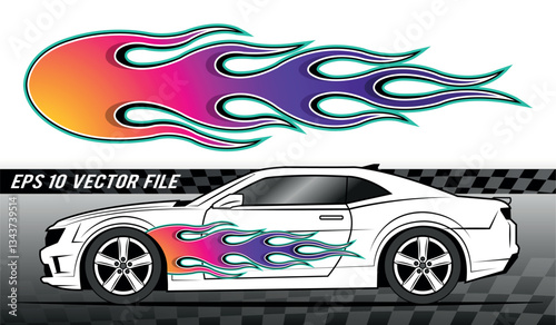 Fire flames racing car decal vector art graphic. Burning tire and flame sports car body side vinyl decal. Side speed decoration for cars, auto, truck, boat, suv, motorcycle.