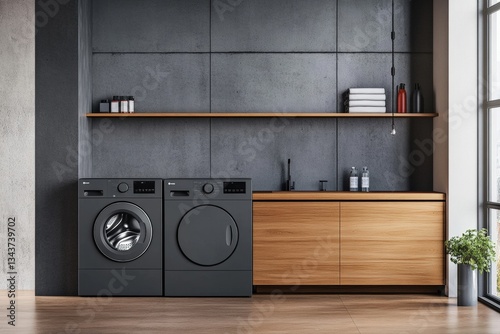Modern laundry room with a sleek gray washing machine unit Generative AI