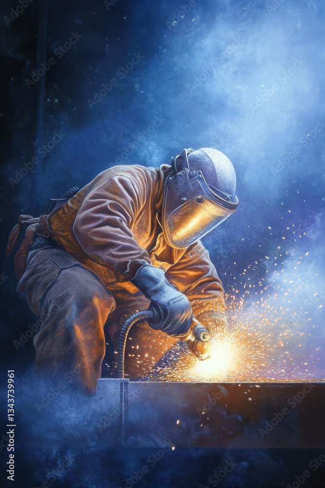 Expert blaster operating abrasive machinery with precision and safety while sparks fly Expert blaster operating abrasive machinery with precision and safety while sparks fly