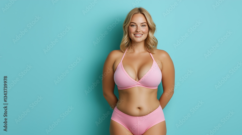 Naklejka premium Blonde woman in pink underwear on a light blue background.