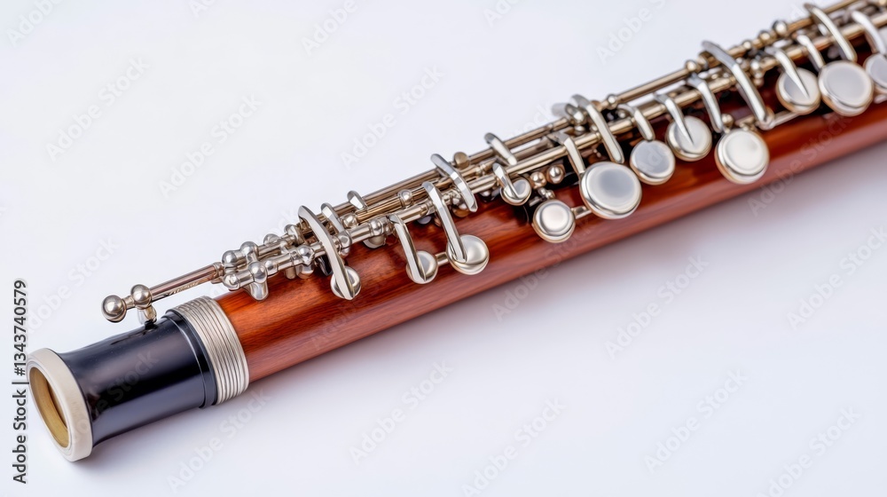 Fototapeta premium High-Angle Close-Up of a Wooden Oboe, Musical Instrument, Classical Music, Oboe Keys Oboe, Woodwind