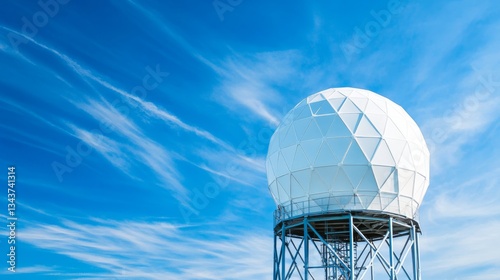 Geodesic Weather Radar Dome Under Blue Sky with Cirrus Clouds, weather surveillance, radar technology weather radar, meteorology