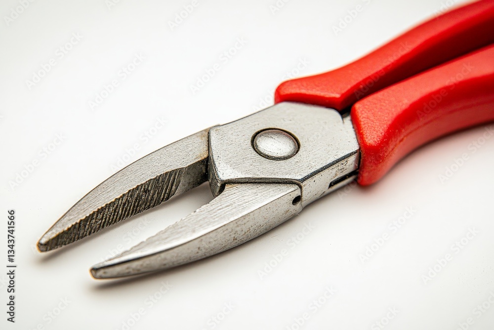 Close-up view of red-handled pliers showcasing their shiny metallic jaws and textured grip during tool examination Close-up view of red-handled pliers showcasing their shiny metallic jaws and textured grip during tool examination