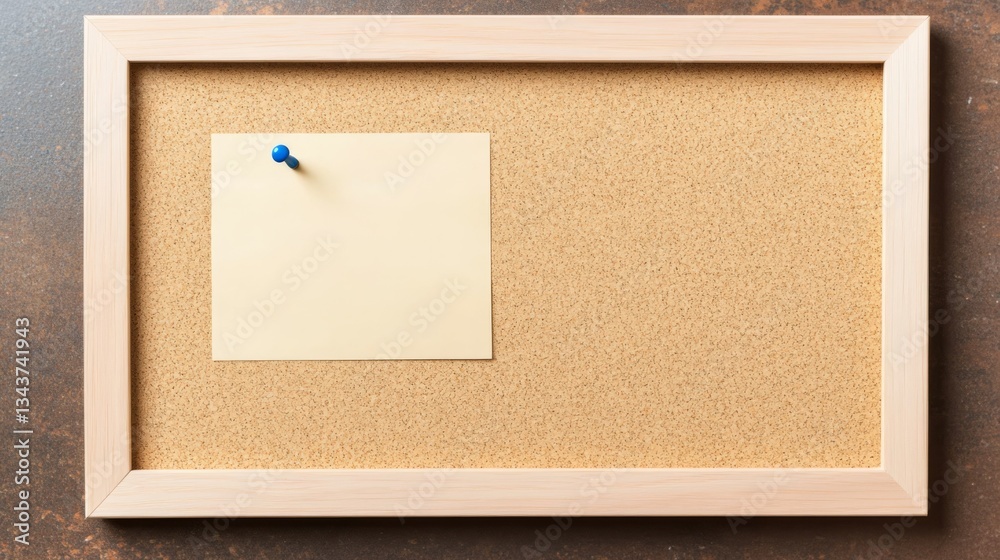 Fototapeta premium Empty Note on Corkboard Beige Sticky Note, Wooden Frame, Top View, Message Board corkboard, sticky note