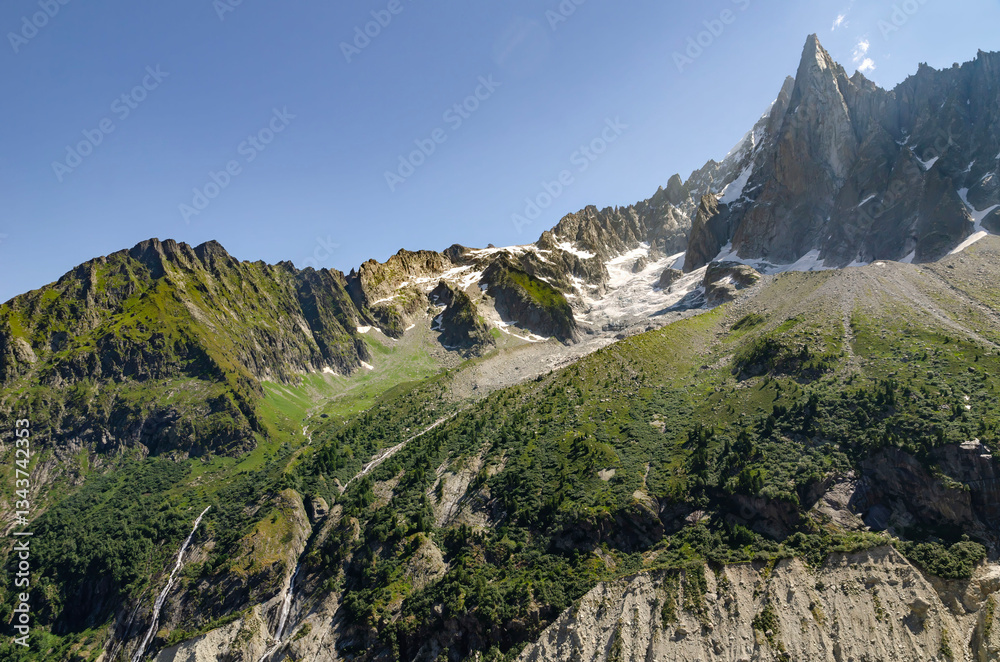 french alps france chamonix village forested mountain slopes in the mont blanc massif area french alps france chamonix village forested mountain slopes in the mont blanc massif area