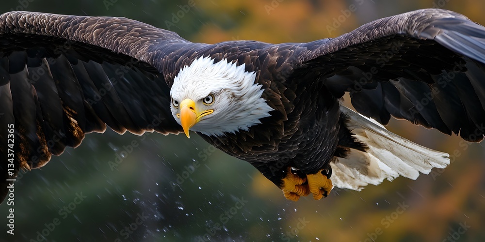 Fototapeta premium Majestic Bald Eagle in Flight with Wings Spread Wide Over Water