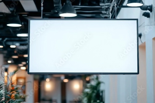 Blank top advertising Led Tv Screen in Restaurant or coffee cafe or Public corridors pathway blurred background for montage mockup design