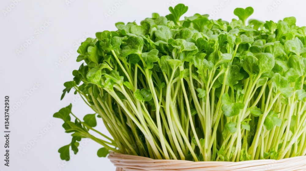 Close-up of Vibrant Green Microgreens in a Basket, Healthy Food Concept, High-Resolution Image Microgreens, Sprouting Close-up of Vibrant Green Microgreens in a Basket, Healthy Food Concept, High-Resolution Image Microgreens, Sprouting