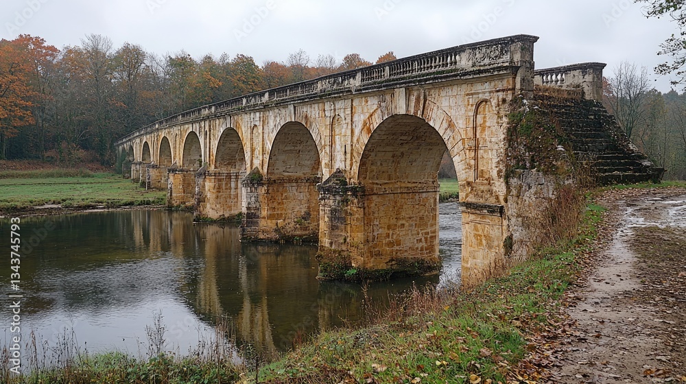 Fototapeta premium Historic stone bridge spanning a tranquil river surrounded by autumn foliage