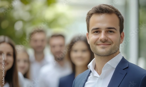 Happy confident male business leader posing with team in blurred background. Young businessman, director, manager with group of office employees looking and smiling at camera. Head shot