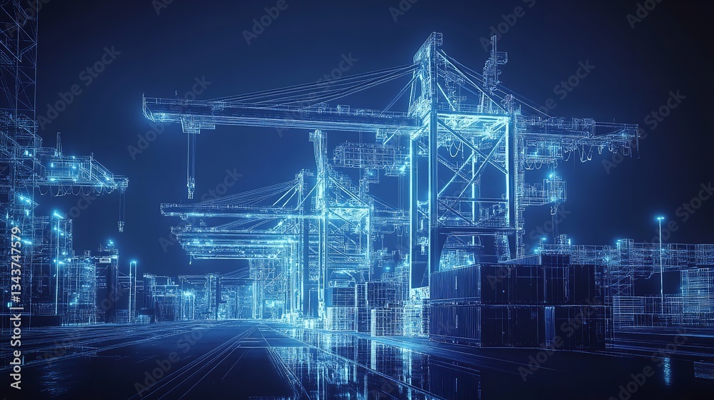 Digital Wireframe Cargo Port Cranes Industrial Technology Night Blue sea dock trade ocean global    